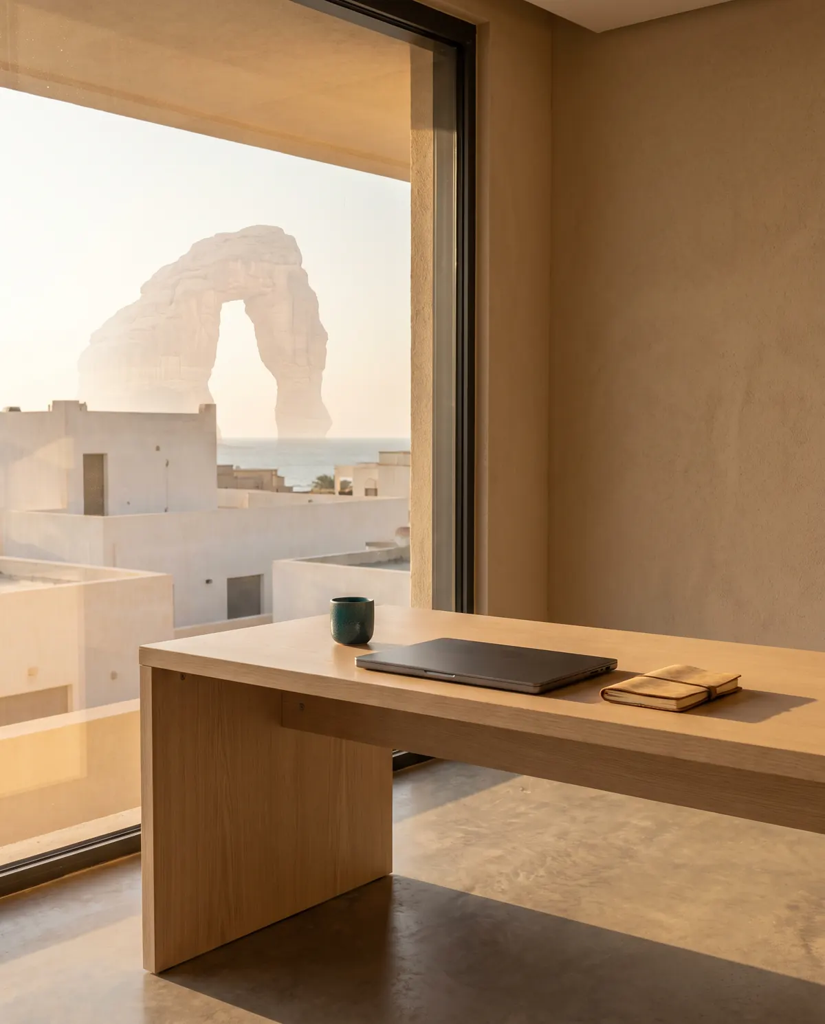 مكتب هادئ في طرابلس عند الغروب، وخلف النافذة قوس صخري من جبال أكاكوس. A quiet office in Tripoli at sunset, with a rock arch of the Acacus mountains beyond the window.